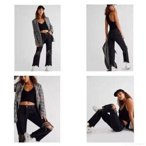 Free People Jean Maggie Mid Rise Distressed Wide Leg Denim Black